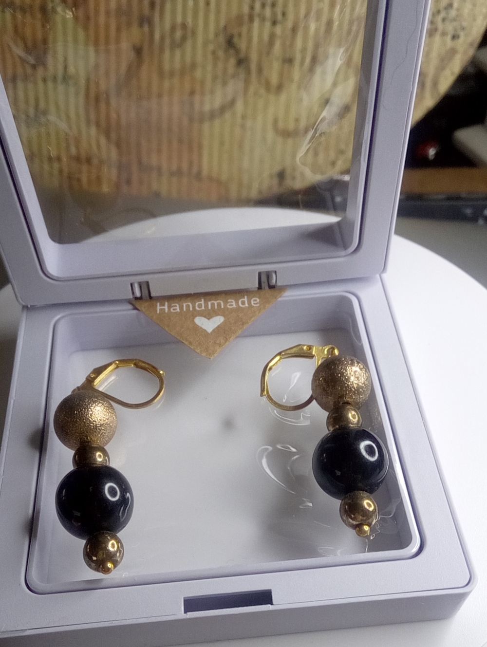 Handmade Gold and Black Bead Drop Earrings